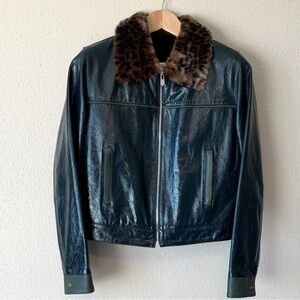 The Mighty Company Teal Green Leather Jacket Faux Fur Collar & Lining S Mint